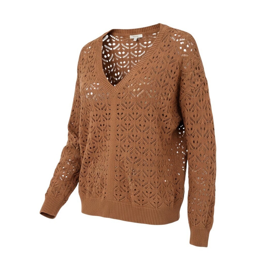 Maurices Boho Open Knit V Neck Sweater Brown Pointelle Crochet Cottagecore XL